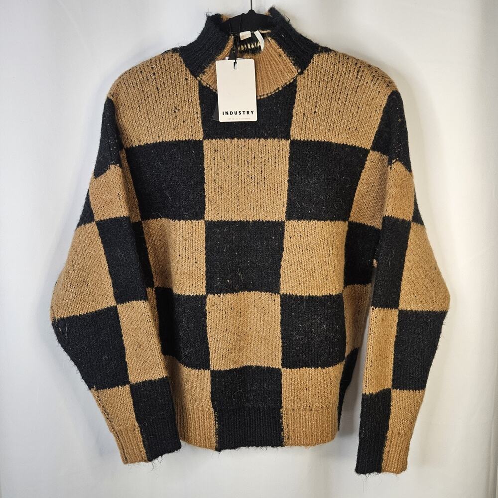 Industry Wool Blend Knit Checkered Sweater Women's XS Black & Tan Minimalist